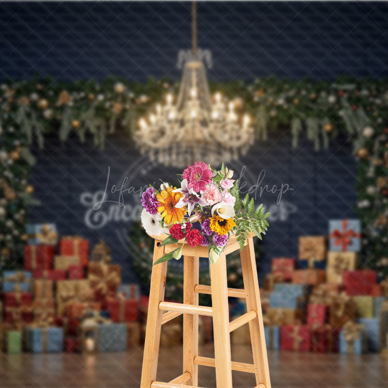 Lofaris Elegant Christmas Photography Backdrop Dark Blue Wall with Garland and Presents Luxury Holiday Photo Background