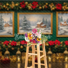 Lofaris Elegant Christmas Photography Backdrop Green Wall with Poinsettia Garland Snowy Landscape Art Background
