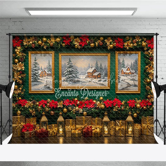 Lofaris Elegant Christmas Photography Backdrop Green Wall with Poinsettia Garland Snowy Landscape Art Background