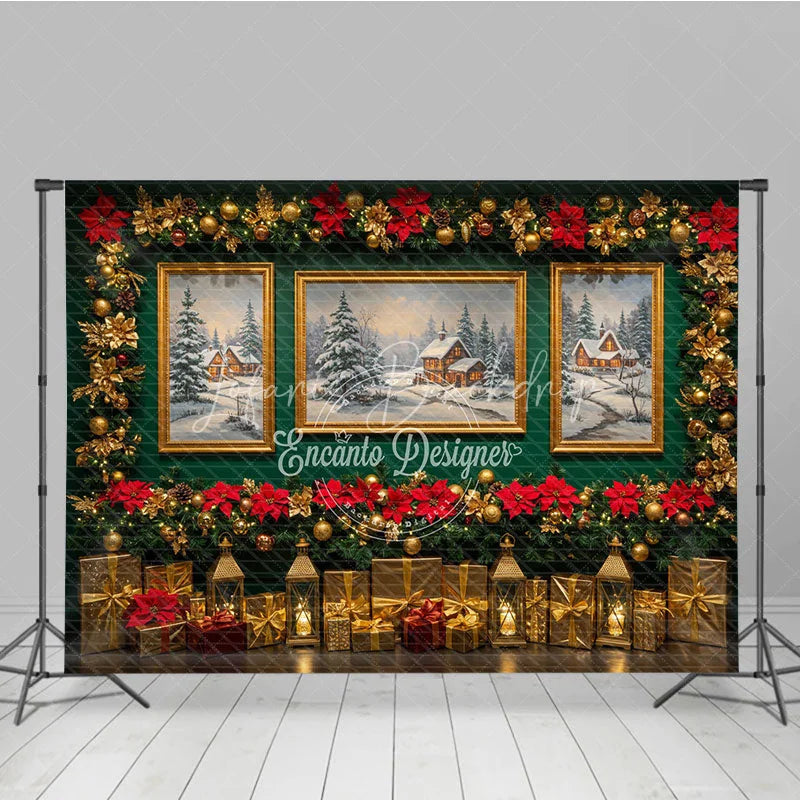 Lofaris Elegant Christmas Photography Backdrop Green Wall with Poinsettia Garland Snowy Landscape Art Background