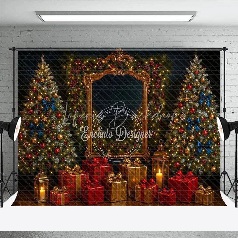 Lofaris Elegant Christmas Photography Backdrop Ornate Gold Mirror with Red and Blue Holiday Mini Session Background