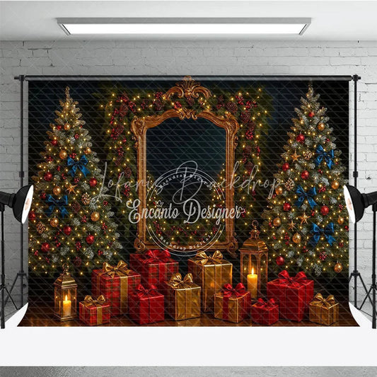 Lofaris Elegant Christmas Photography Backdrop Ornate Gold Mirror with Red and Blue Holiday Mini Session Background