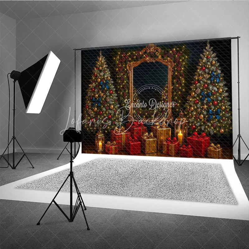 Lofaris Elegant Christmas Photography Backdrop Ornate Gold Mirror with Red and Blue Holiday Mini Session Background