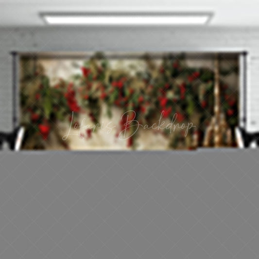 Lofaris Elegant Christmas Photography Backdrop Wall Mural with Red Berry Garland Gold Chandelier Holiday Photo Prop