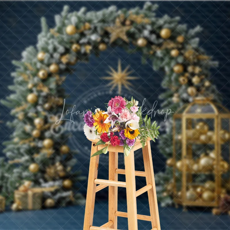 Lofaris Elegant Christmas Pine Arch Photography Backdrop Flocked Garland with Gold Ornaments Modern Navy Blue Holiday Background