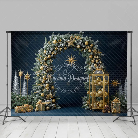 Lofaris Elegant Christmas Pine Arch Photography Backdrop Flocked Garland with Gold Ornaments Modern Navy Blue Holiday Background