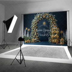 Lofaris Elegant Christmas Pine Arch Photography Backdrop Flocked Garland with Gold Ornaments Modern Navy Blue Holiday Background
