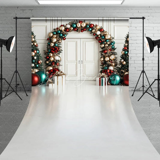 Lofaris Elegant Christmas Sweep Backdrop with Festive Red Gold and Teal Ornaments Luxurious Holiday Party Decor