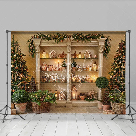 Lofaris Elegant Christmas Tree and Gingerbread House Holiday Backdrop Festive Cabinet Decor with Warm Lights for Party