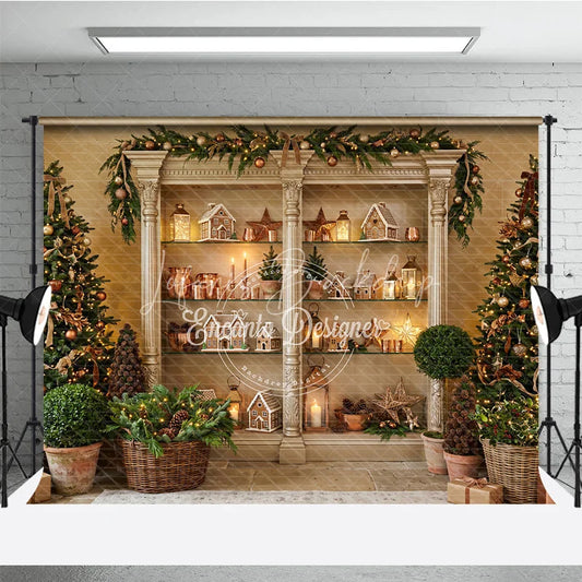 Lofaris Elegant Christmas Tree and Gingerbread House Holiday Backdrop Festive Cabinet Decor with Warm Lights for Party