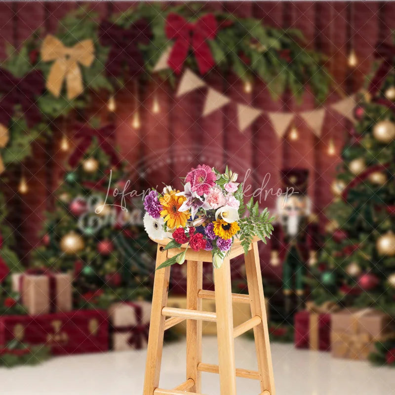 Lofaris Elegant Christmas Trees and Nutcracker Holiday Backdrop featuring Red Bows Gifts Lanterns for Festive Party Decor