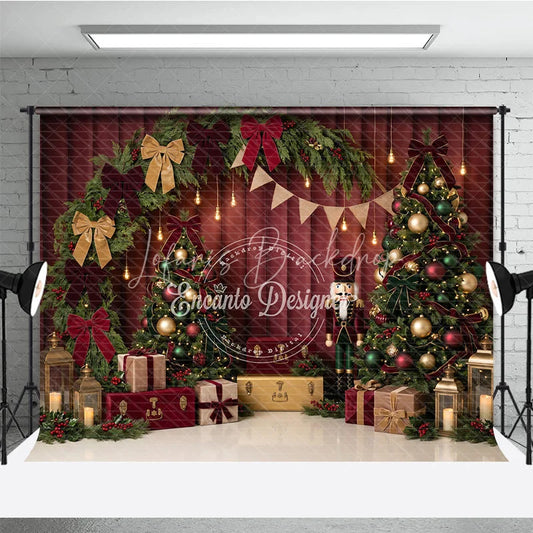 Lofaris Elegant Christmas Trees and Nutcracker Holiday Backdrop featuring Red Bows Gifts Lanterns for Festive Party Decor