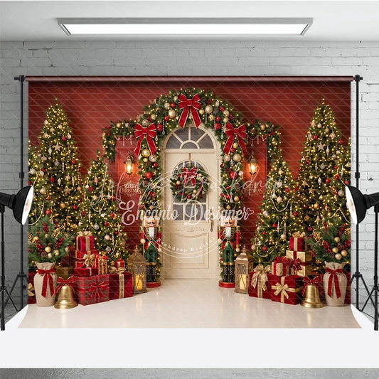 Lofaris Elegant Christmas Trees and Red Bows Holiday Backdrop Festive Golden Ornaments Nutcracker Decor