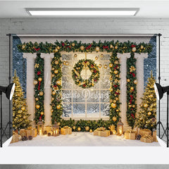 Lofaris Elegant Christmas Window Photography Backdrop Grand Columns with Garland Snowy Holiday Mini Session Background