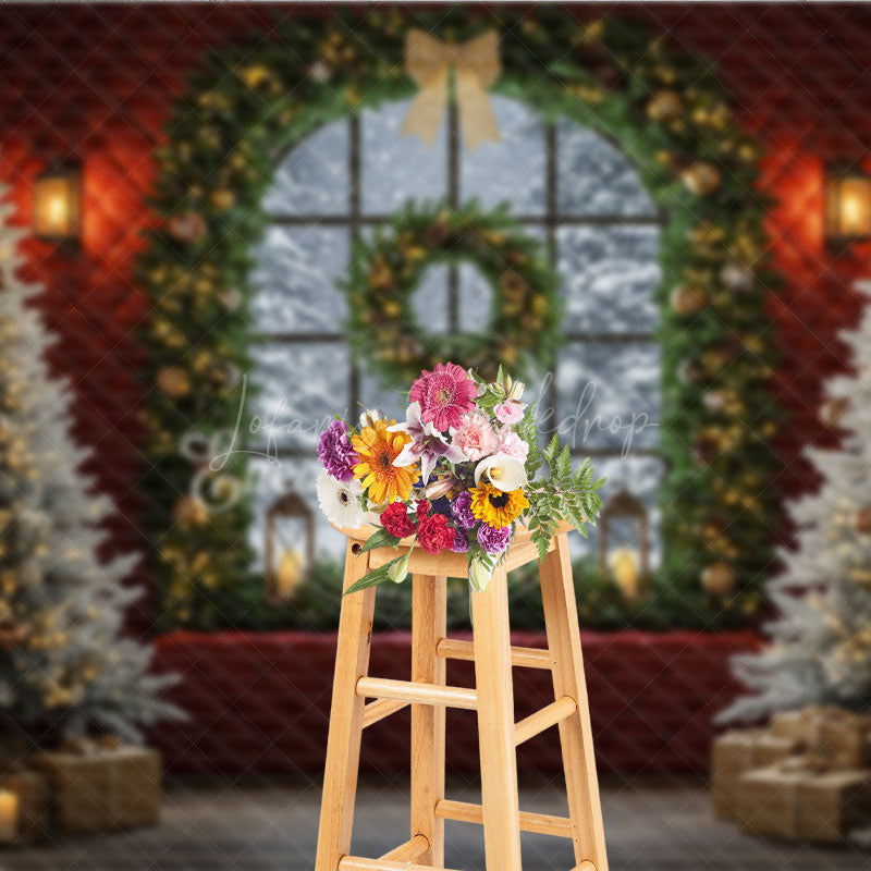 Lofaris Elegant Christmas Window Photography Backdrop Red Wall with Garland and Flocked Trees Holiday Photo Background