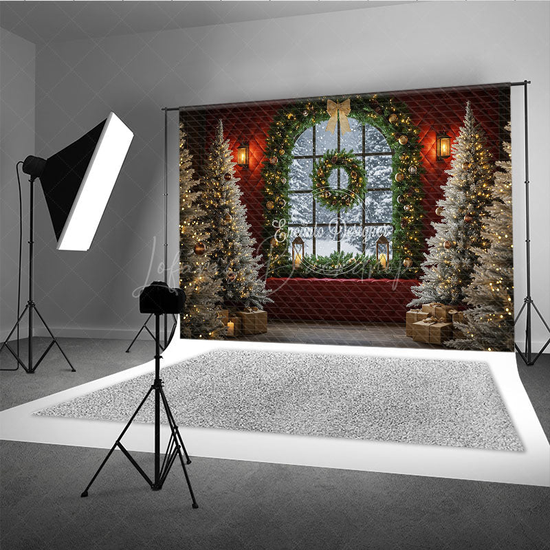 Lofaris Elegant Christmas Window Photography Backdrop Red Wall with Garland and Flocked Trees Holiday Photo Background
