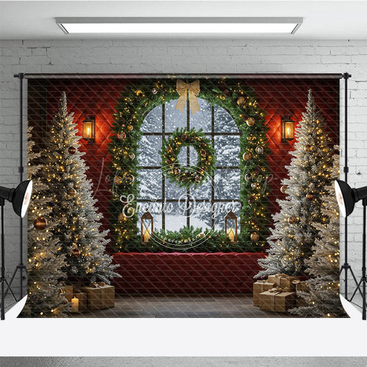 Lofaris Elegant Christmas Window Photography Backdrop Red Wall with Garland and Flocked Trees Holiday Photo Background