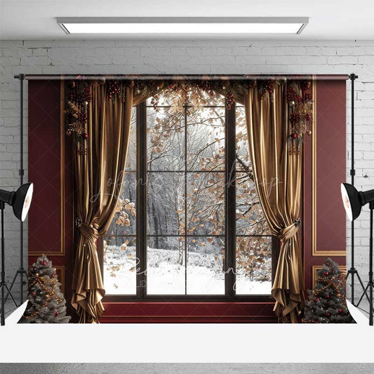 Lofaris Elegant Christmas Window Photography Backdrop Snowy Winter Forest View with Gold Curtains Holiday Portrait Studio Prop