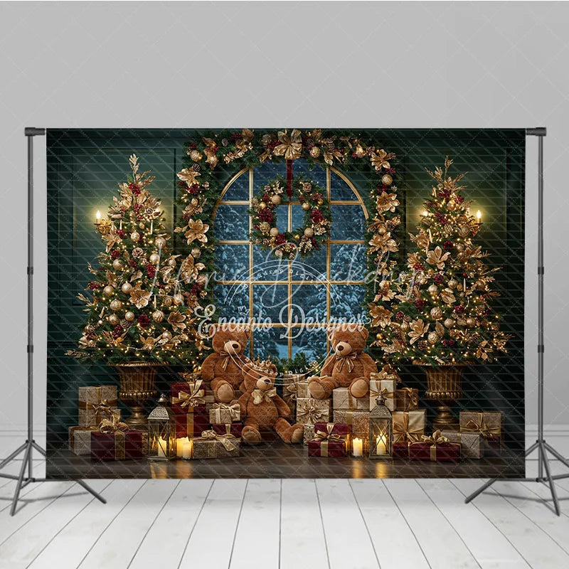 Lofaris Elegant Christmas Window Photography Backdrop Teddy Bears and Golden Trees Snowy View Holiday Photo Background