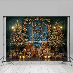 Lofaris Elegant Christmas Window Photography Backdrop Teddy Bears and Golden Trees Snowy View Holiday Photo Background