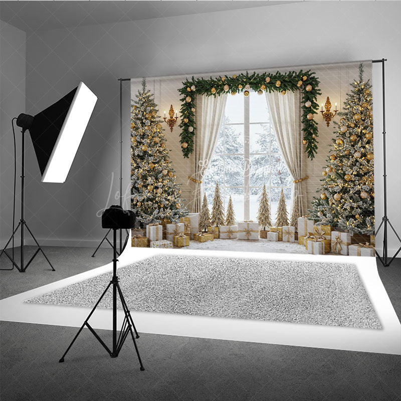 Lofaris Elegant Christmas Window Photography Backdrop White and Gold with Flocked Trees Holiday Mini Session Background