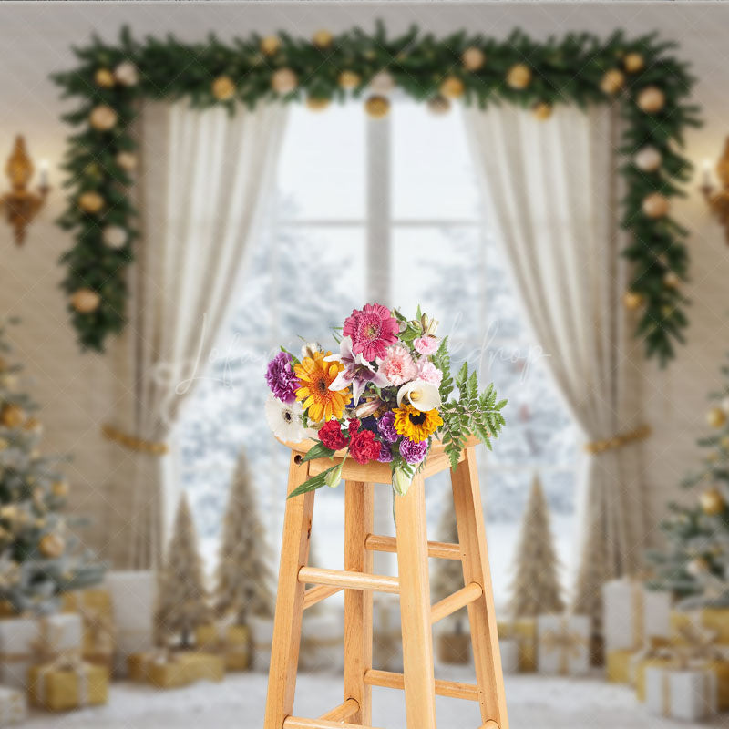 Lofaris Elegant Christmas Window Photography Backdrop White and Gold with Flocked Trees Holiday Mini Session Background