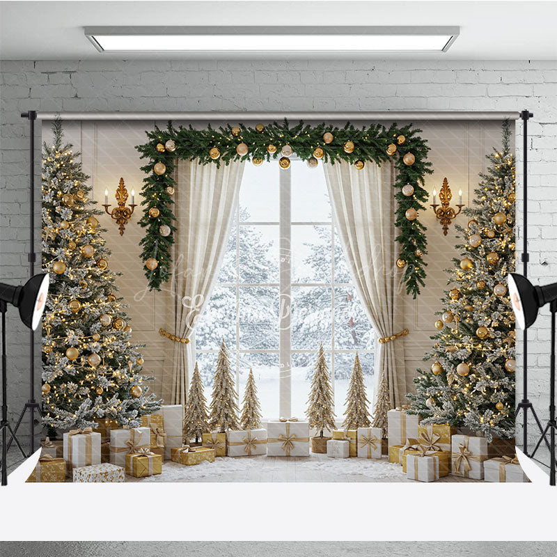 Lofaris Elegant Christmas Window Photography Backdrop White and Gold with Flocked Trees Holiday Mini Session Background
