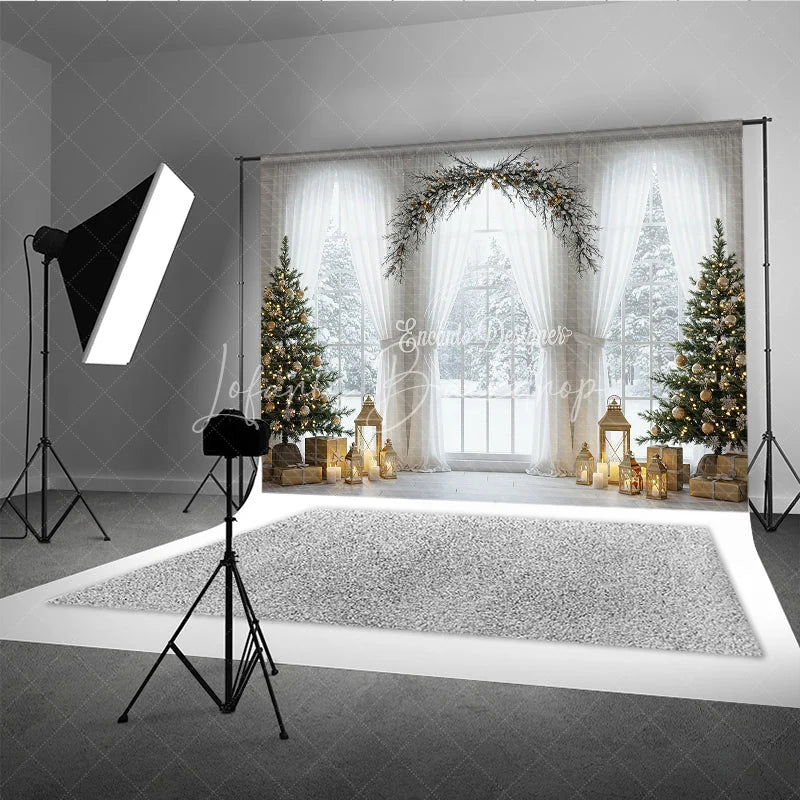 Lofaris Elegant Christmas Window Photography Backdrop White Curtains and Garland Arch Snowy View with Golden Lanterns