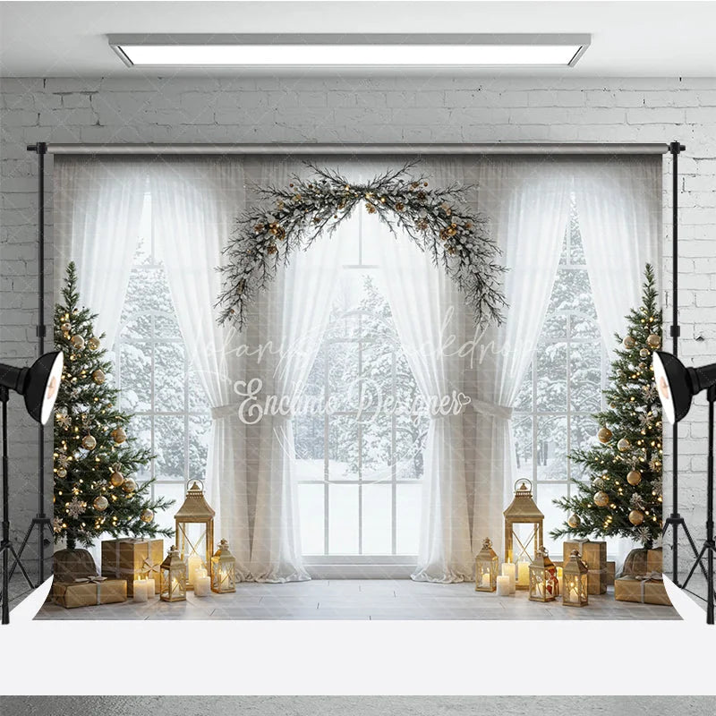 Lofaris Elegant Christmas Window Photography Backdrop White Curtains and Garland Arch Snowy View with Golden Lanterns