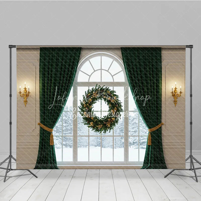 Lofaris Elegant Christmas Window Photography Backdrop with Green Curtains Floating Wreath Classic Holiday Photo Background