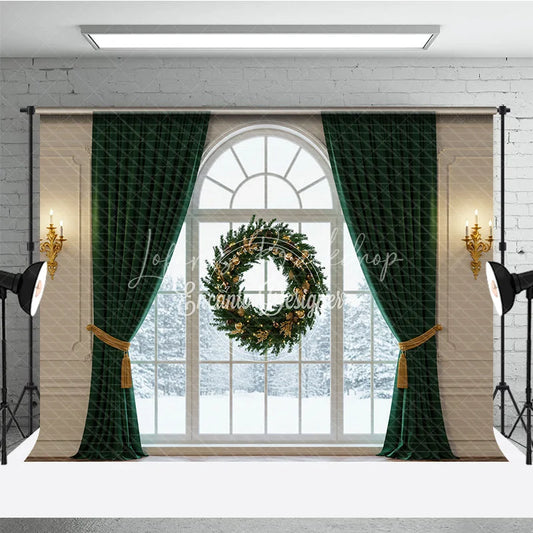 Lofaris Elegant Christmas Window Photography Backdrop with Green Curtains Floating Wreath Classic Holiday Photo Background