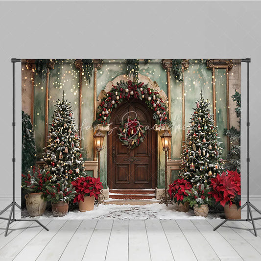 Lofaris Elegant Christmas Winter Wonderland Holiday Backdrop with Decorated Trees Wreath Snow and Fairy Lights