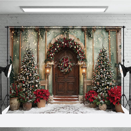 Lofaris Elegant Christmas Winter Wonderland Holiday Backdrop with Decorated Trees Wreath Snow and Fairy Lights