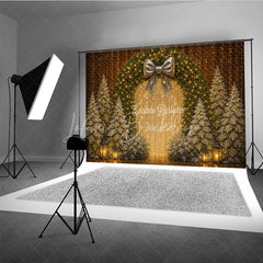 Lofaris Elegant Christmas Wreath Photography Backdrop Gold Bow with Flocked Trees Fairy Light Holiday Photo Background