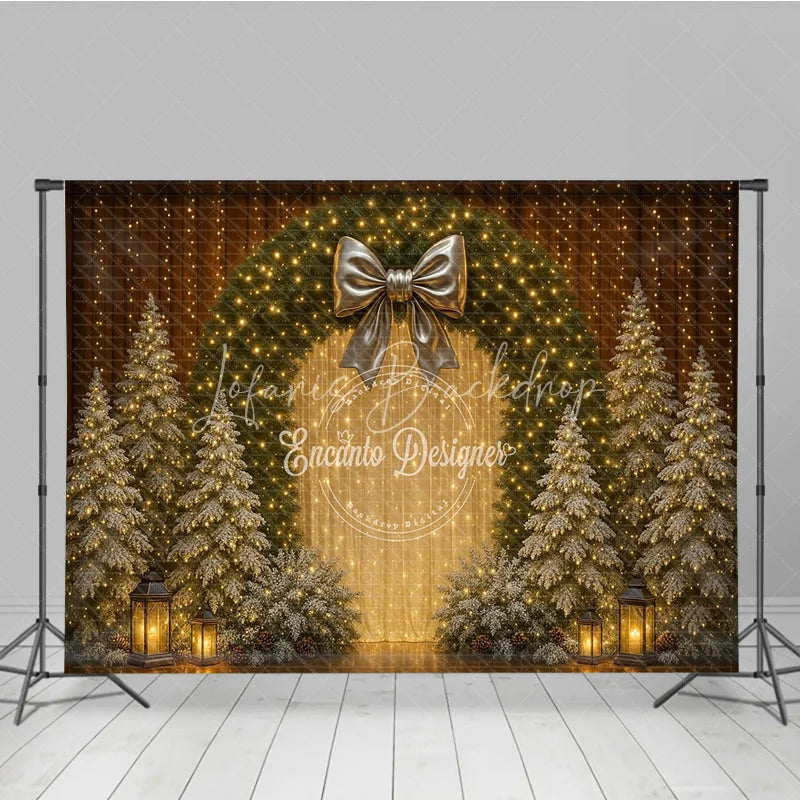 Lofaris Elegant Christmas Wreath Photography Backdrop Gold Bow with Flocked Trees Fairy Light Holiday Photo Background