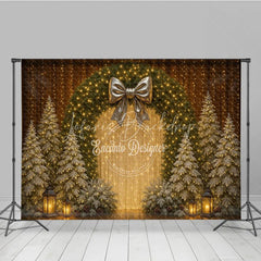 Lofaris Elegant Christmas Wreath Photography Backdrop Gold Bow with Flocked Trees Fairy Light Holiday Photo Background
