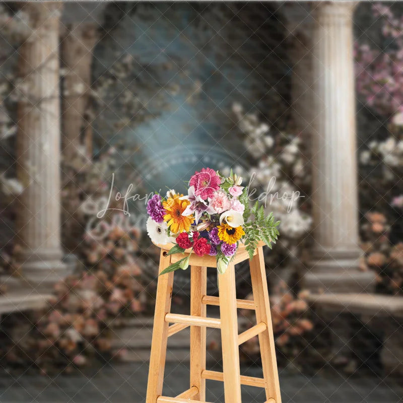 Lofaris Elegant Classical Garden Photography Backdrop with Roman Columns Flowering Pink and White Blossoms Stone Benches