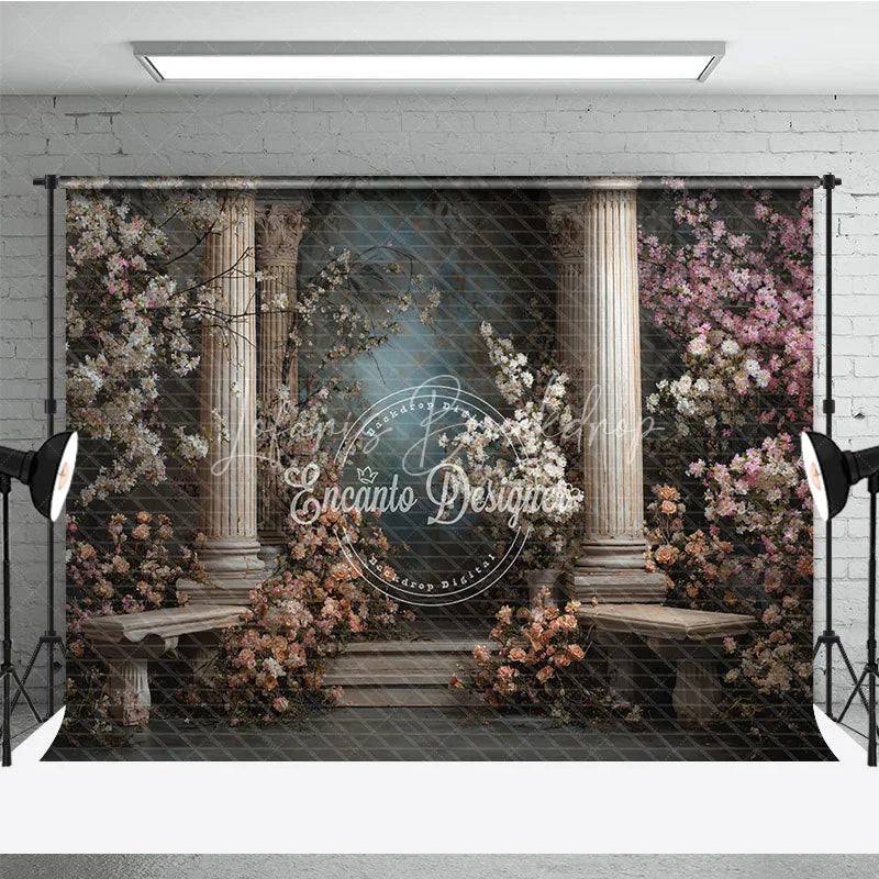 Lofaris Elegant Classical Garden Photography Backdrop with Roman Columns Flowering Pink and White Blossoms Stone Benches