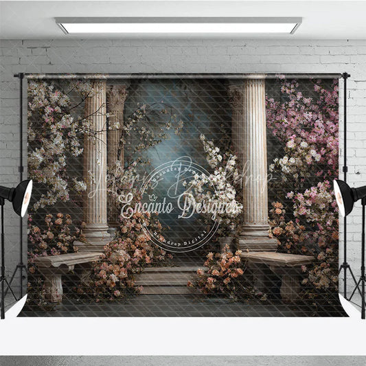 Lofaris Elegant Classical Garden Photography Backdrop with Roman Columns Flowering Pink and White Blossoms Stone Benches
