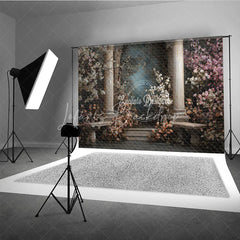 Lofaris Elegant Classical Garden Photography Backdrop with Roman Columns Flowering Pink and White Blossoms Stone Benches