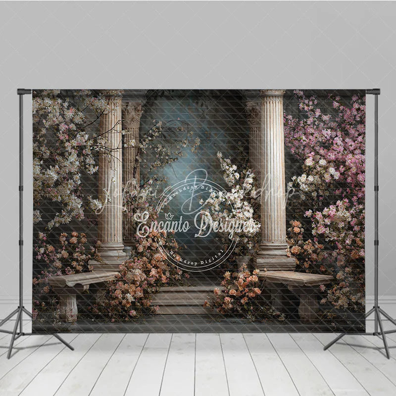 Lofaris Elegant Classical Garden Photography Backdrop with Roman Columns Flowering Pink and White Blossoms Stone Benches