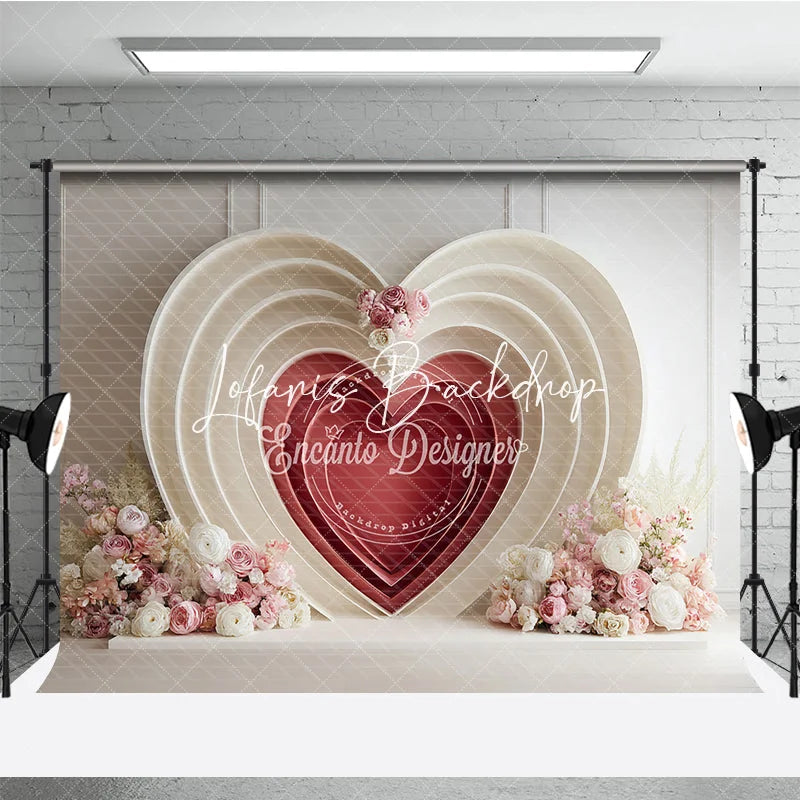 Lofaris Elegant Cream and Red Layered Heart Photography Backdrop with Pink White Floral Decor for Valentine’s Day Wedding