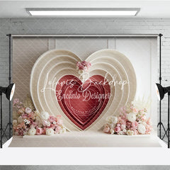 Lofaris Elegant Cream and Red Layered Heart Photography Backdrop with Pink White Floral Decor for Valentine’s Day Wedding