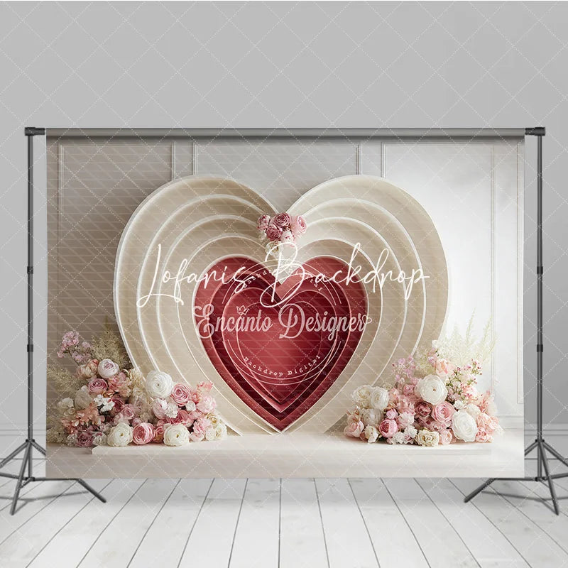 Lofaris Elegant Cream and Red Layered Heart Photography Backdrop with Pink White Floral Decor for Valentine’s Day Wedding