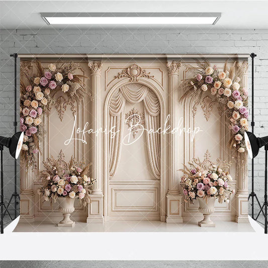Lofaris Elegant Cream Classical Wall Photography Backdrop Ornate Columns and Pink Rose Floral Arrangements Wedding Party Decor