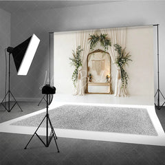 Lofaris Elegant Cream Curtain Photography Backdrop with Gold Mirror Lush Greenery and Boho Floral Decor