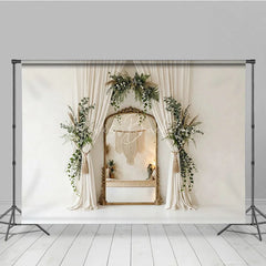 Lofaris Elegant Cream Curtain Photography Backdrop with Gold Mirror Lush Greenery and Boho Floral Decor