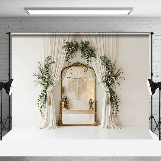 Lofaris Elegant Cream Curtain Photography Backdrop with Gold Mirror Lush Greenery and Boho Floral Decor