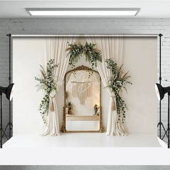 Lofaris Elegant Cream Curtain Photography Backdrop with Gold Mirror Lush Greenery and Boho Floral Decor