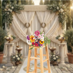 Lofaris Elegant Cream Draped Photography Backdrop with Gold Greek Key and Olive Branch Garlands Wedding Ceremony Decor